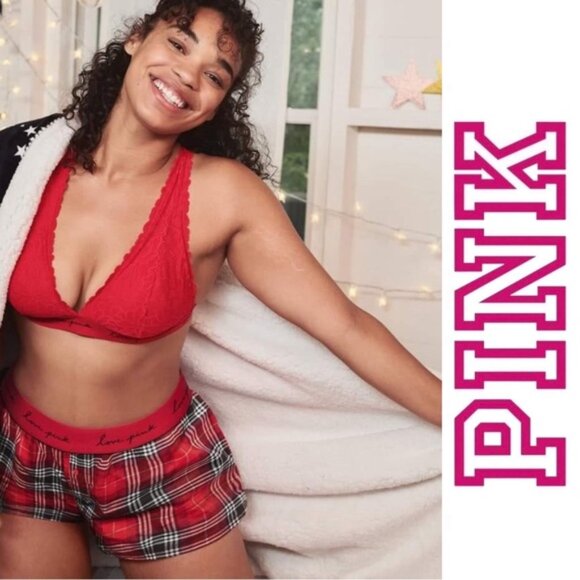 Victoria's Secret PINK | Flannel Boxy Plaid Gold Logo Sleep Shorts | Size Small - Picture 1 of 12
